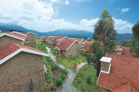 Aerial view of the cottages overlooking the valley